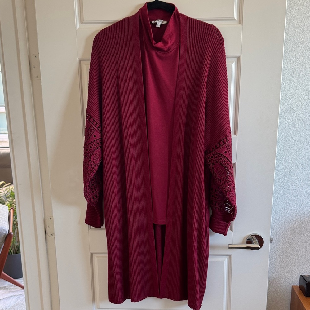 NorthStyle Burgundy Cardigan with Lace Sleeve and matching mock turtle shell.
